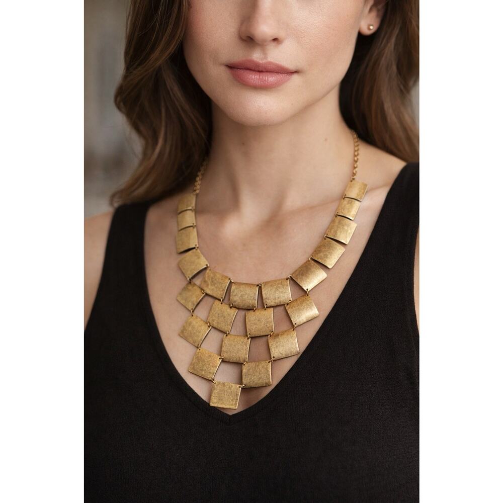 Joan Rivers Gold Tone Statement Necklace Distressed Square Link 18” + 3” Ext